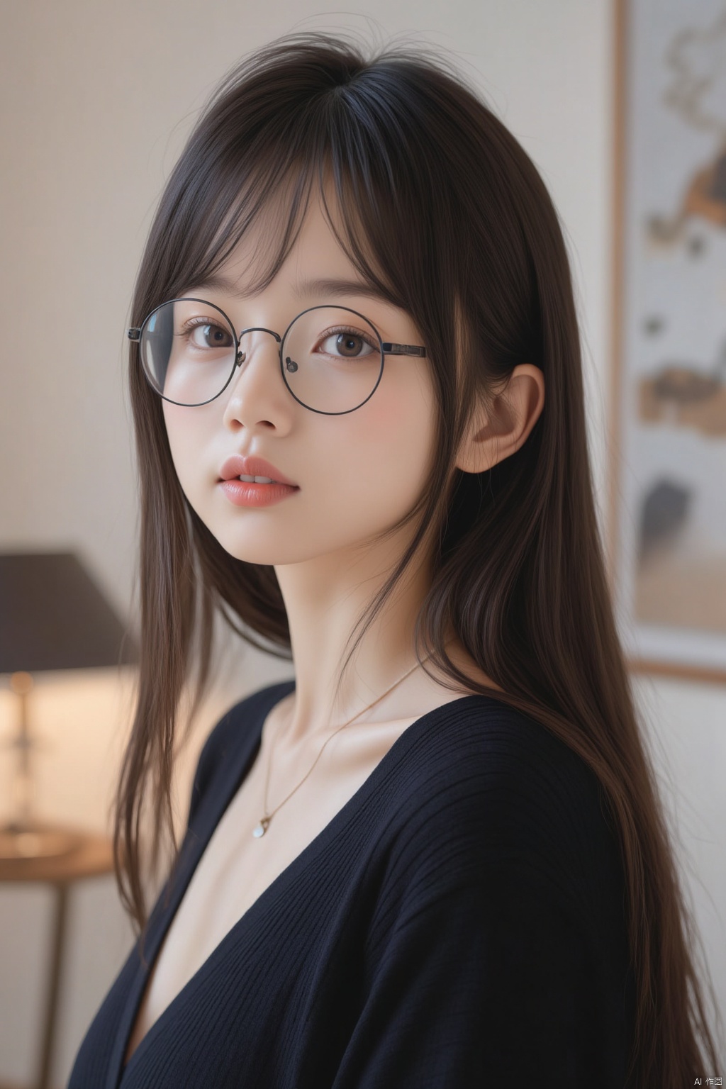 This is a high-resolution portrait of a modern style, featuring a young woman., "Capture the essence of modern elegance with a full-body portrait of a young woman. She possesses an oval face framed by long, dark hair, and her almond-shaped eyes reflect a neutral yet thoughtful expression. Her attire is simple yet stylish, featuring a black top and glasses that add a touch of contemporary sophistication. The light makeup enhances her natural beauty without overpowering it. The indoor setting is adorned with wall decorations that hint at personal taste and artistic flair. The composition should highlight her clear skin texture under soft, natural lighting, creating a warm and inviting atmosphere. This image not only showcases her aesthetic appeal but also symbolizes the blend of simplicity and elegance in contemporary life."