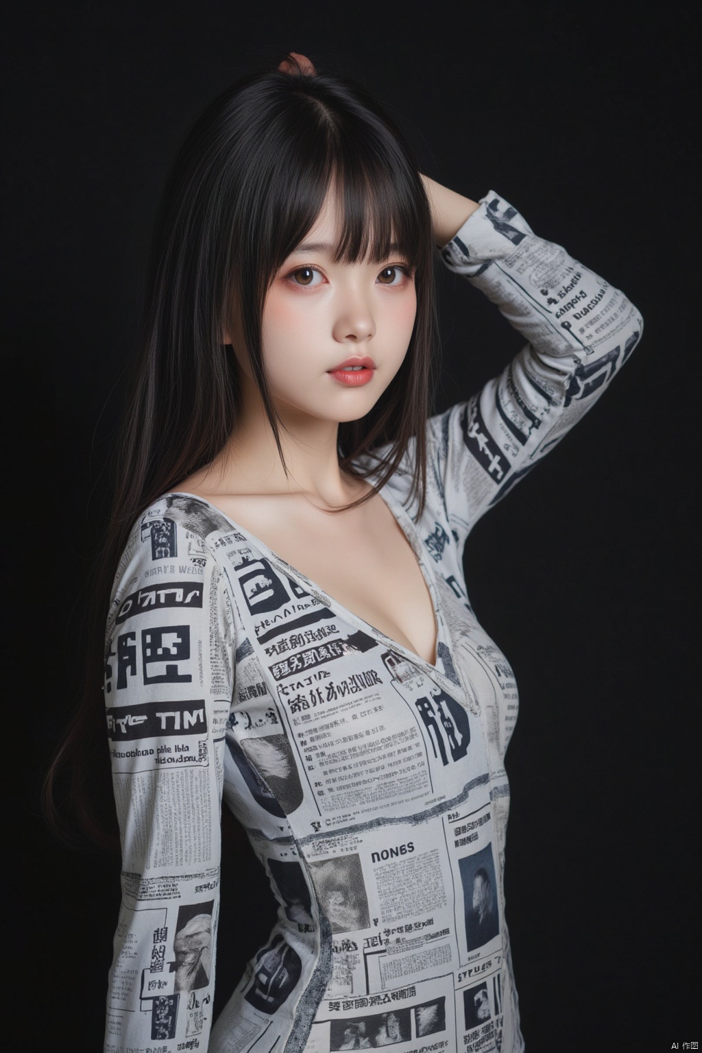 This is a high-resolution portrait of a modern style, featuring a young woman. She is wearing a tight dress printed with English and patterns, the pattern of which resembles a newspaper. Her hair is black, falling over her shoulders, and she has one hand resting on the back of her head while the other hangs naturally by her side. Her eyes are fixed on the camera, and her expression is calm. She appears to be between the ages of 20 and 30, Low cut outfit, medium breast size, slim in figure, with delicate features, and fair skin. Her eyes are brown, and her lips are tinted with a subtle shade of red lipstick. Her hair falls to her shoulders, with a deep brown color, styled in loose waves without bangs. The background is dark, giving a mysterious feel.,1girl