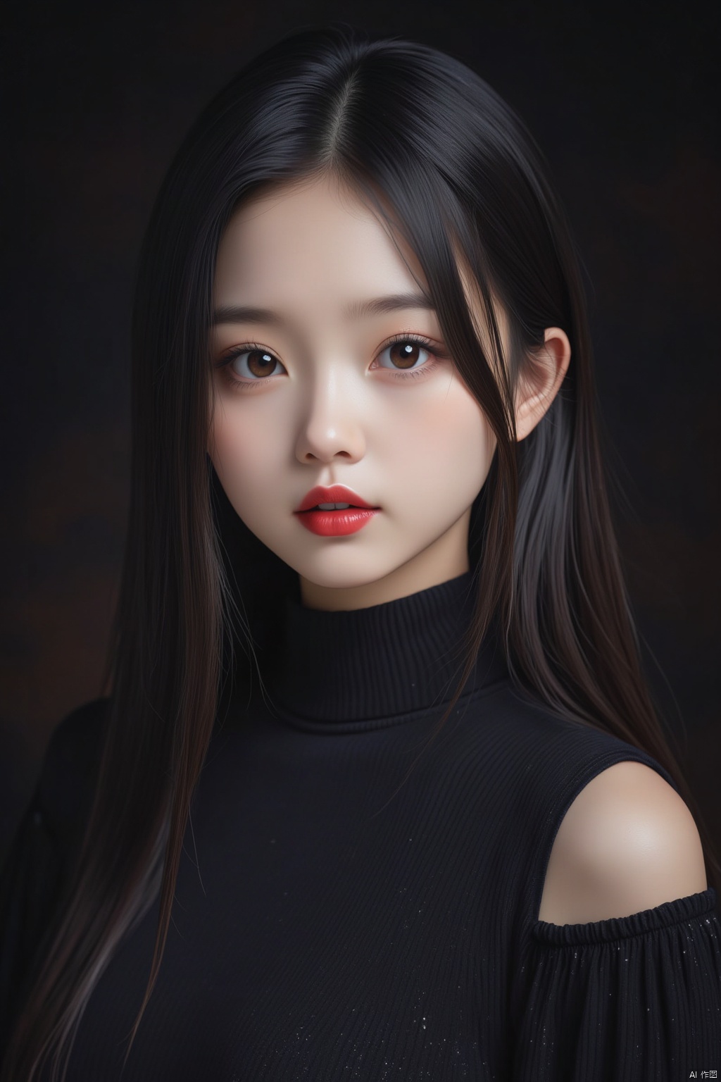 This is a close-up portrait of a young woman with striking beauty. She is wearing a trendy, high-neck black top with a subtle shimmer. Her hair is long, straight, and jet black, flowing gracefully down her back. Her almond-shaped eyes are dark and mesmerizing, with thick lashes and perfectly groomed eyebrows. She has a flawless, porcelain complexion, and her lips are painted in a bold red color, creating a striking contrast with her outfit. The background is a dark, rich color, enhancing the overall dramatic and mysterious vibe of the image.