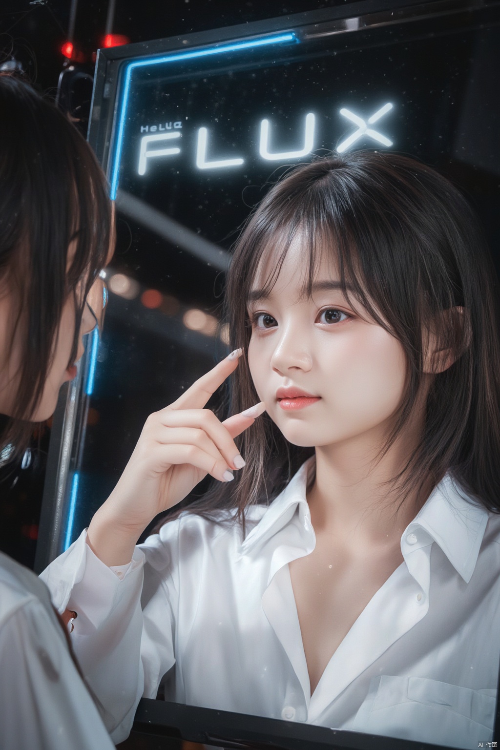 This is a modern style image of a beautiful woman touching a mirror with her hand. The image in the mirror shows a woman wearing a white shirt. Touching her finger, the text "Hello FLUX" is focused at the top of the image, and the light is focused on the person from top to bottom, creating an atmosphere in the photo. There are blue and red neon lights around the mirror