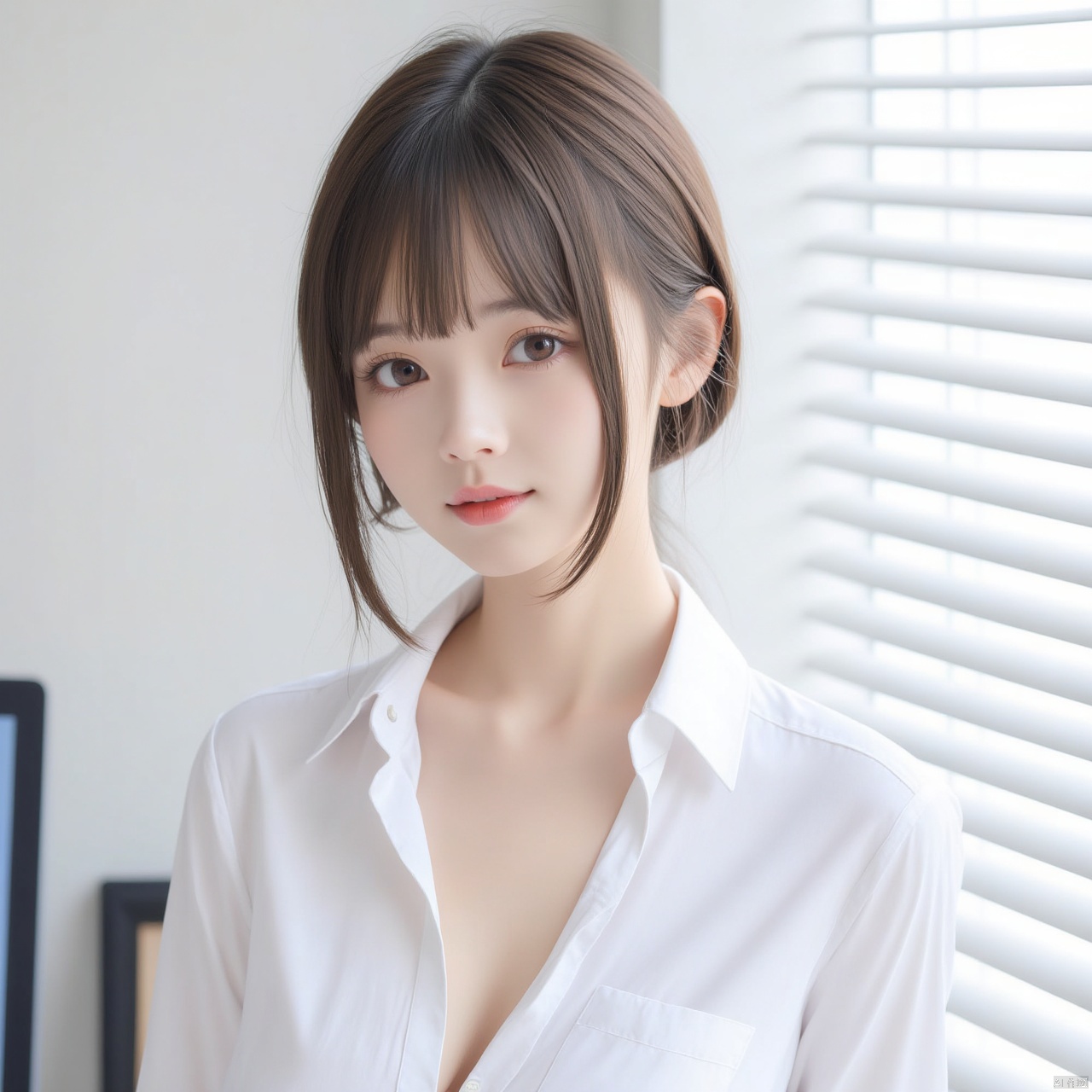 The image is a portrait of a young Asian woman with shoulder-length brunette hair and bangs. She is wearing a white blouse with a plunging neckline and is standing in front of a window with white blinds. The woman is looking directly at the camera with a serious expression on her face. She has a slight smile on her lips and her hair is styled in loose waves. The background is blurred, but it appears to be a room with a desk and a computer monitor visible.