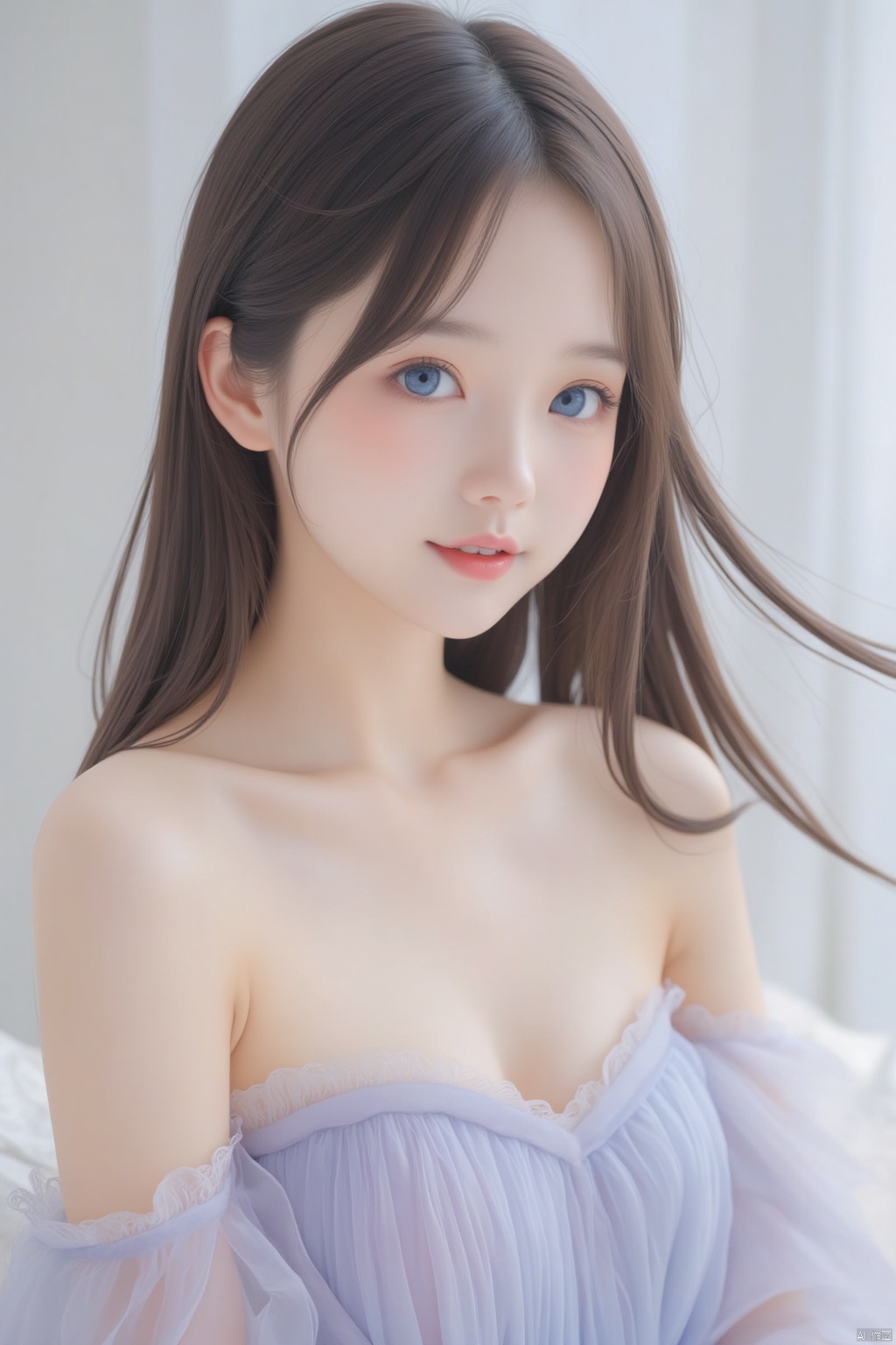 This is a high-resolution portrait of a beautiful young woman. She is wearing an elegant, off-shoulder evening gown in soft pastel colors. Her long, flowing hair is styled in loose waves, cascading over her shoulders. Her eyes are a striking shade of blue, and her lips are painted with a soft pink lipstick. Her facial features are delicate and symmetrical, with smooth, fair skin. She has a serene expression, with a slight, gentle smile. The background is softly blurred, highlighting her graceful presence and creating a dreamy, ethereal atmosphere.