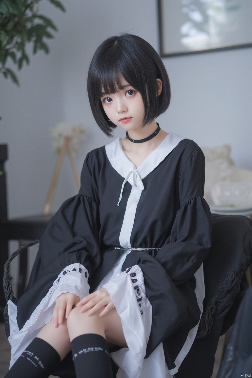 The image is a portrait of a young woman with short black hair and bangs. She is wearing a black and white outfit with a high collar and long sleeves. The outfit is made up of a black blouse with a white collar and a black choker necklace. The woman is sitting on a chair with her legs crossed and her hands resting on the armrests of the chair. She has a serious expression on her face and is looking directly at the camera. The background is blurred, but it appears to be a room with a window and a plant. The overall mood of the image is dark and mysterious.