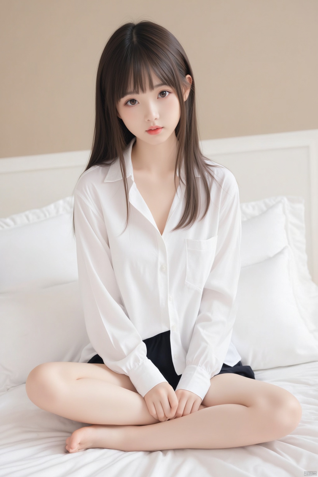 The image is a portrait of a young woman sitting on a bed. She is wearing a white blouse and black shorts, with her legs crossed and her hands resting on her knees. She has shoulder-length dark hair with bangs and is looking directly at the camera with a serious expression. The bed has white sheets and pillows, and there is a beige wall in the background. The overall mood of the image is sensual and intimate.