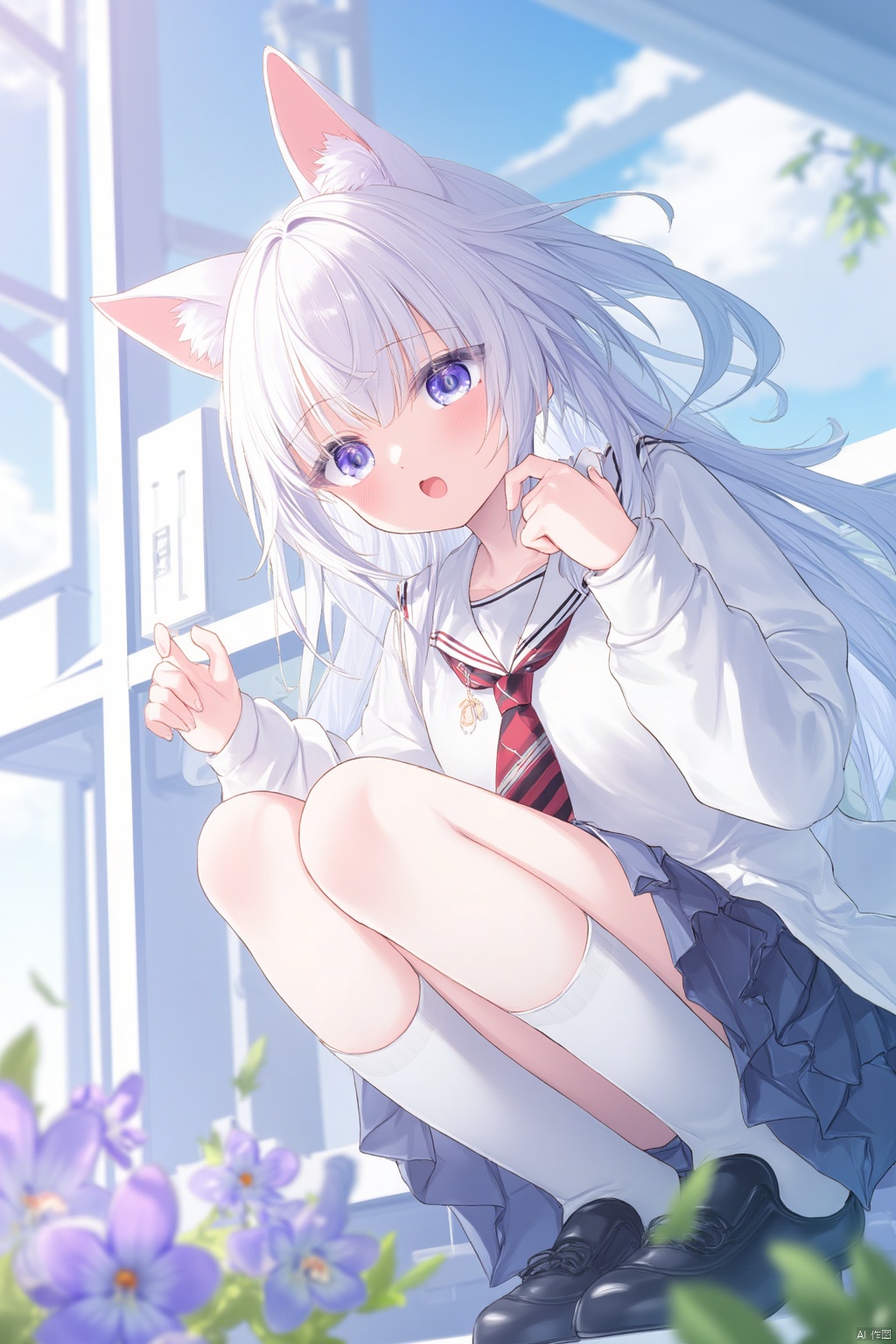 The image is an illustration of a young girl with long white hair and cat ears on her head. She is wearing a white school...