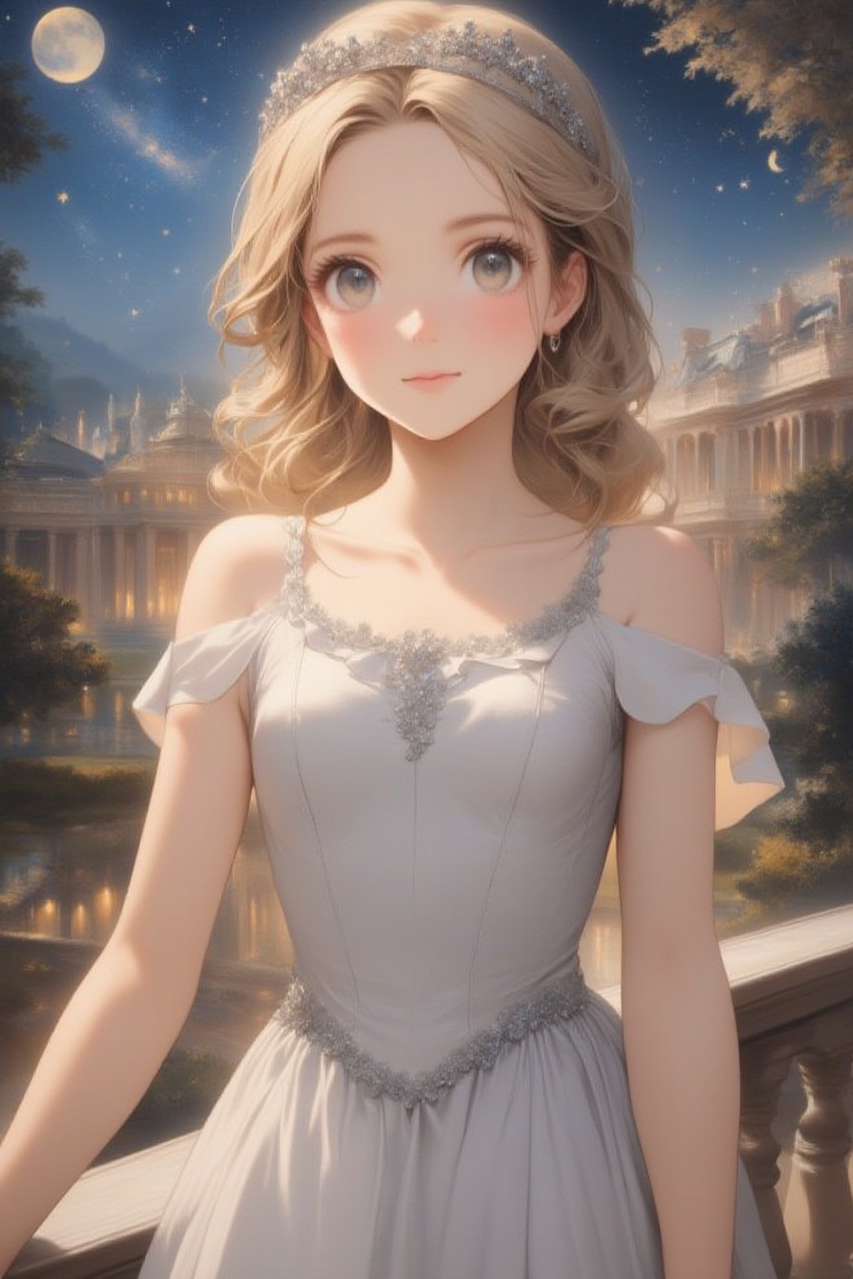 1girl, elegant palace in background, white dress, blonde hair, silver tiara, bare shoulders, stars, moon, moonlight, elegant clothes, close up, she is standing on a balcony of the palace, looking at viewer, romantic_theme, fine art parody, Anime style, Anime style, Oil painting style