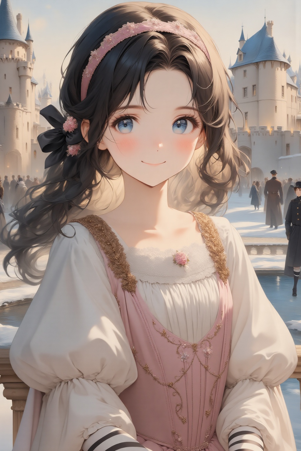 White Snow girl, looking at viewer, blush, smile, blue eyes, natural black hair, pale skin, detailed image, medium breasts, flat eyes, detailed skin, upper body, cleveage, cute girl, long hair, stunning image, black ribbon, long stockings with stripes, castel in background, model, beautiful face, detailed background, proportional, front view, detailed eyes, beautiful girl, closed mouth, princess dress, long dress, medium shot, narrow waist, dynamic pose, very beautiful pink headband, fine art parody, Anime style, Oil painting style