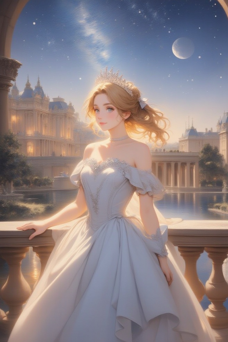 1girl, elegant palace in background, white dress, blonde hair, silver tiara, bare shoulders, stars, moon, moonlight, elegant clothes, she is standing on a balcony of the palace, looking at viewer, romantic_theme, fine art parody, Anime style, Anime style, Oil painting style