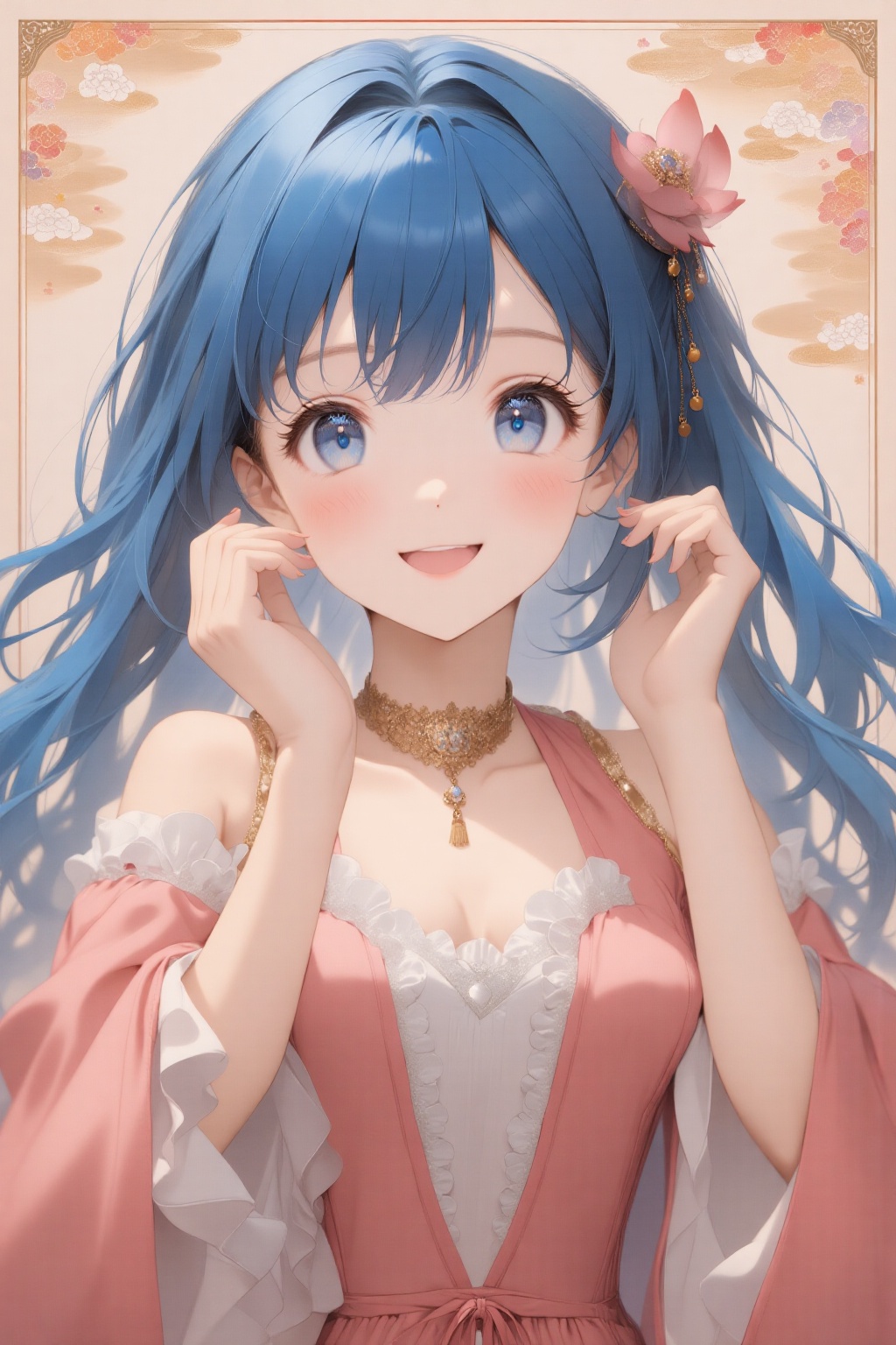 A solo girl with long blue hair and blue eyes, smiling at the viewer. She has bangs and side locks, with a hair accessory. She wears an off-shoulder pink dress with long sleeves, puffy sleeves, and overlapping frills. The dress has a cleavage cutout and a clothing cutout. She has large breasts and is showing cleavage, with jewelry including a necklace. Her hands are on her cheeks, and her lips are open. The simple background features a Japanese pattern. Framed in an upper body shot, with soft lighting, Oil painting style, Anime style.