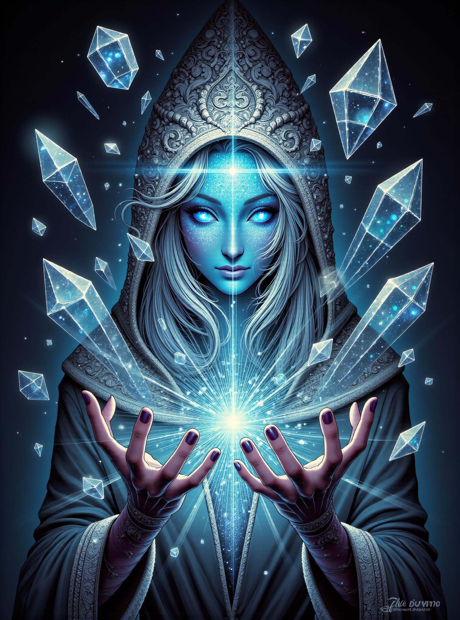 donmc0m1cm4g1cfx magic, female warlock  crystal magic sparkling, multi-faceted crystals that float and rotate gently in the air, catch light and break it into rainbows,soft tinkling sound like chimes, emanating an aura of mystic energy