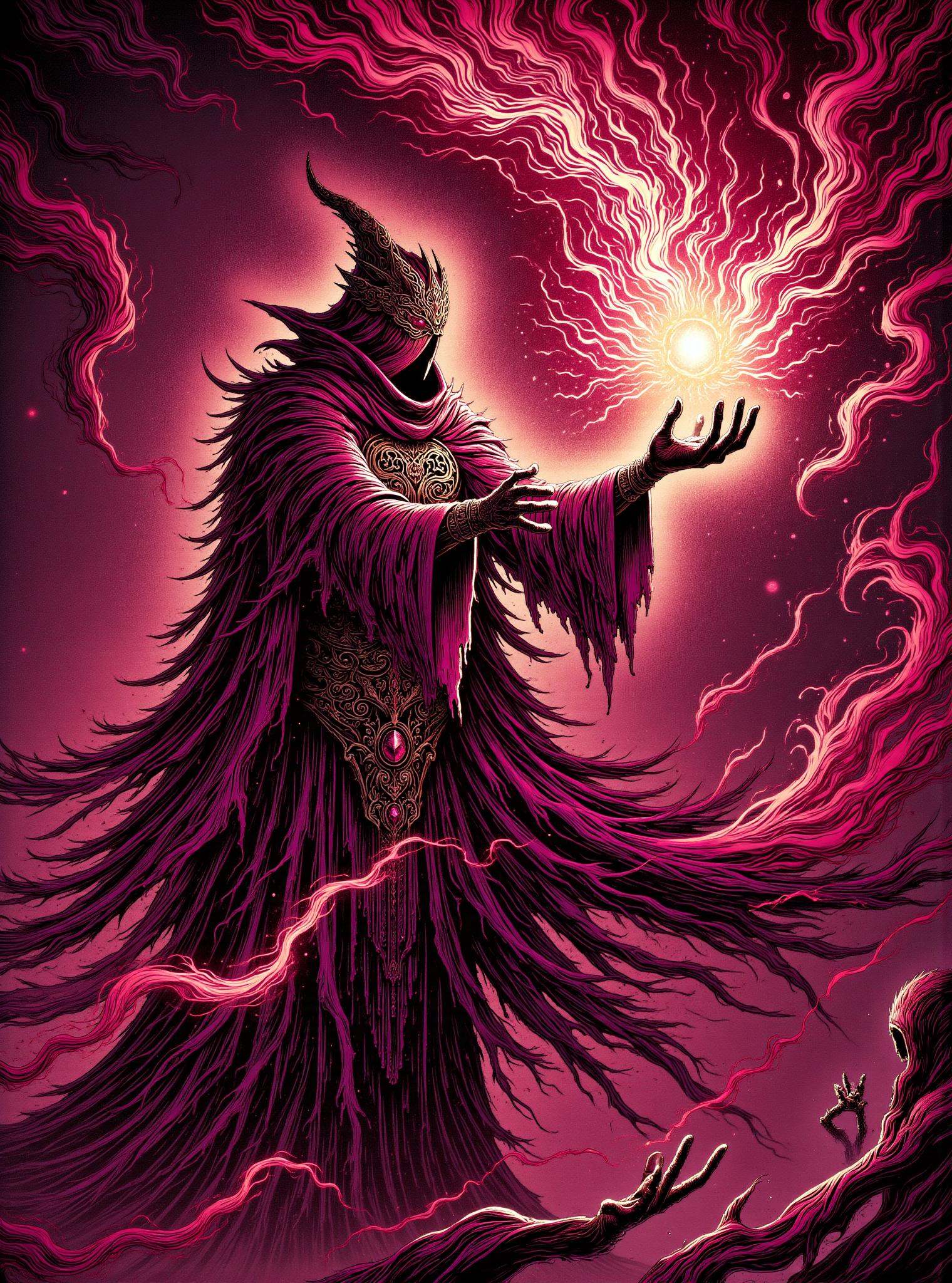 donmc0m1cm4g1cfx magic, male occultist, summoning volent entities  Channeling bewitch shaped like Radiance of maroon pyro ice and light manipulation
