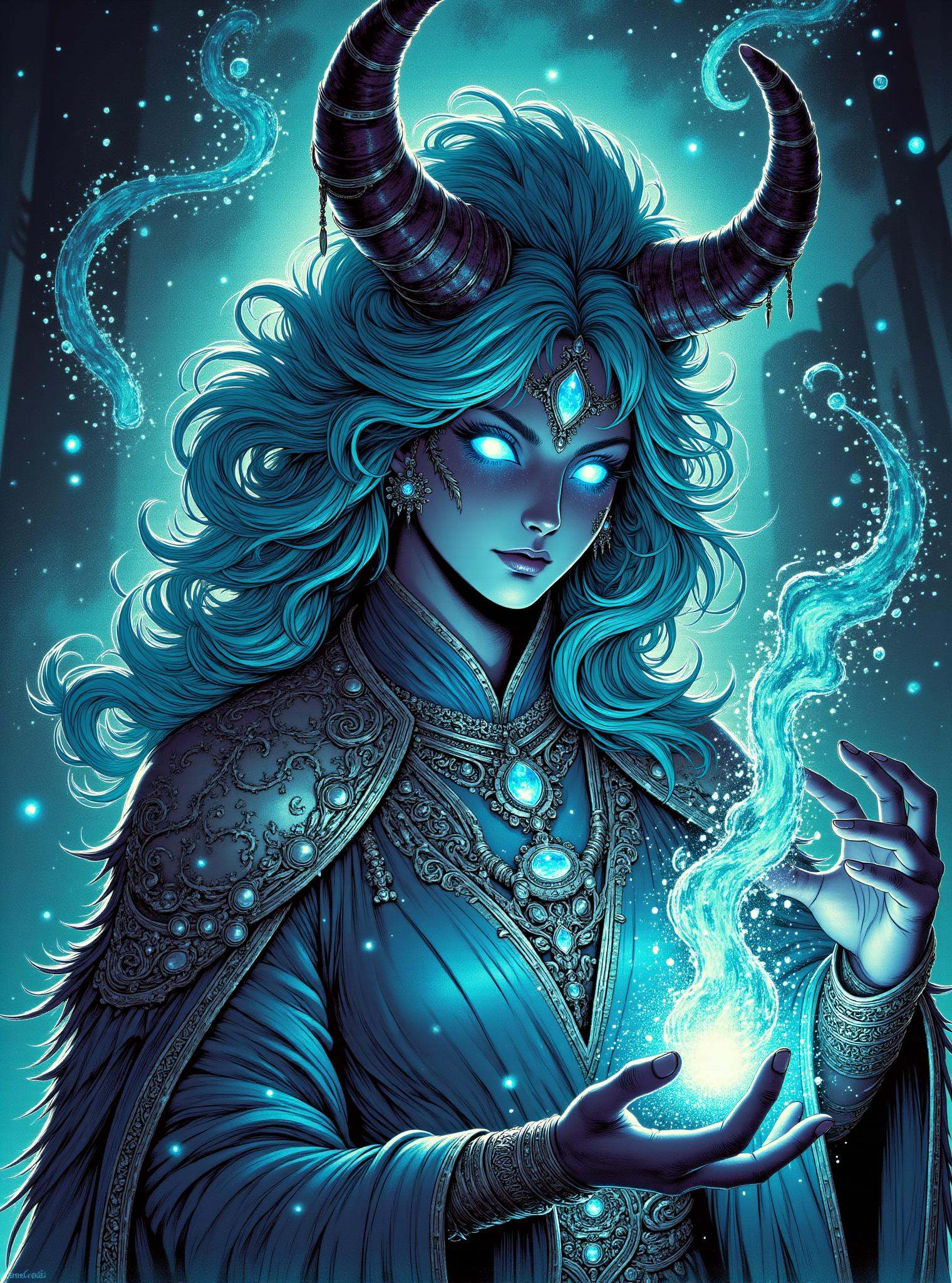 donmc0m1cm4g1cfx magic, female druid, controlling animals  Brewing potions ensorcell shaped like Wisp of blue bloody troll and enchanting objects