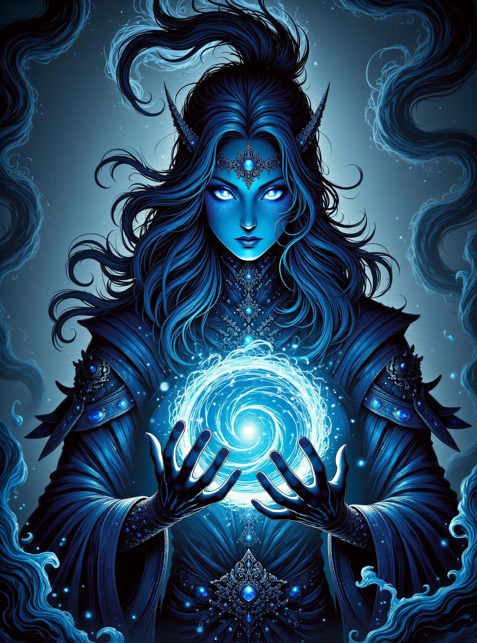 donmc0m1cm4g1cfx magic, female warlock  Brewing potions ritual shaped like Orb of sapphire blue molten siren and black magic