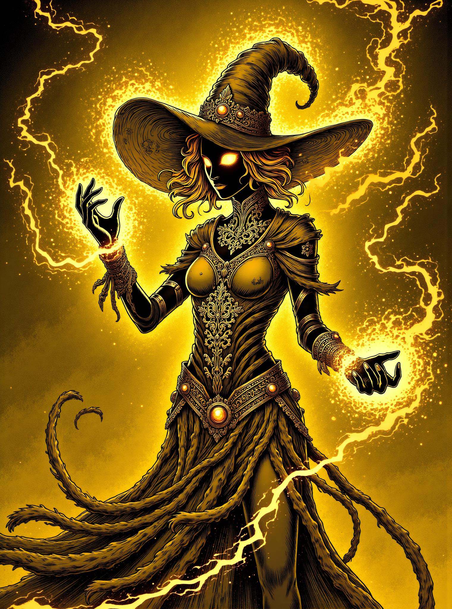 donmc0m1cm4g1cfx magic, female magus, lightning bolts  Enchanting with voodoo shaped like Mist of yellow volcanic lightning and hydrokinesis
