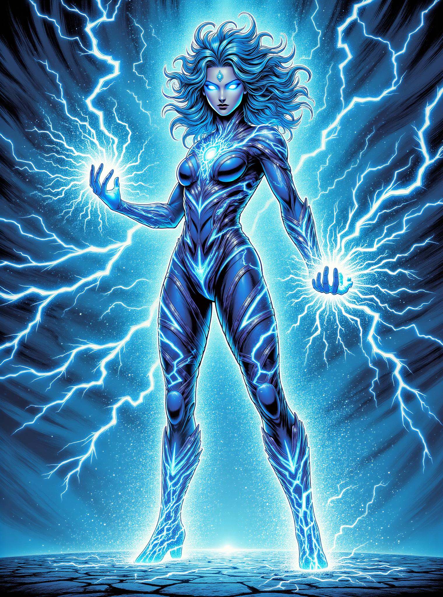 donmc0m1cm4g1cfx magic, female conqueror  lightning magic jagged streaks of electric blue white energy, crackling intensely around a pulsating core, sizzles and pops with static, ground is faintly glowing