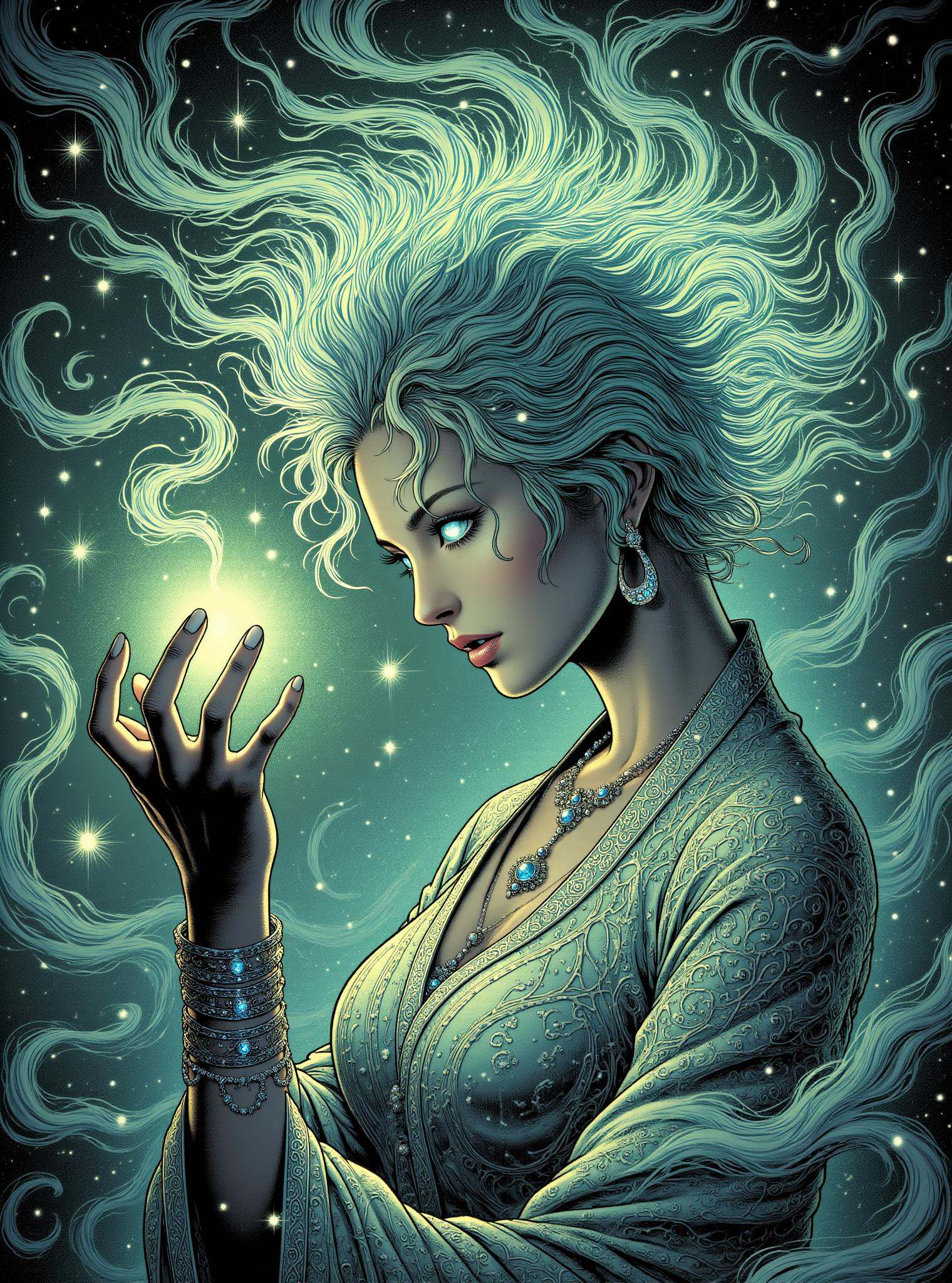 donmc0m1cm4g1cfx magic, female bard   manifests ethereal, neuro-like aura, with tendrils of light that reach out, pulsating in rhythm with thought and intention, accompanied by faint echoing whisper, visual dance of mind's power