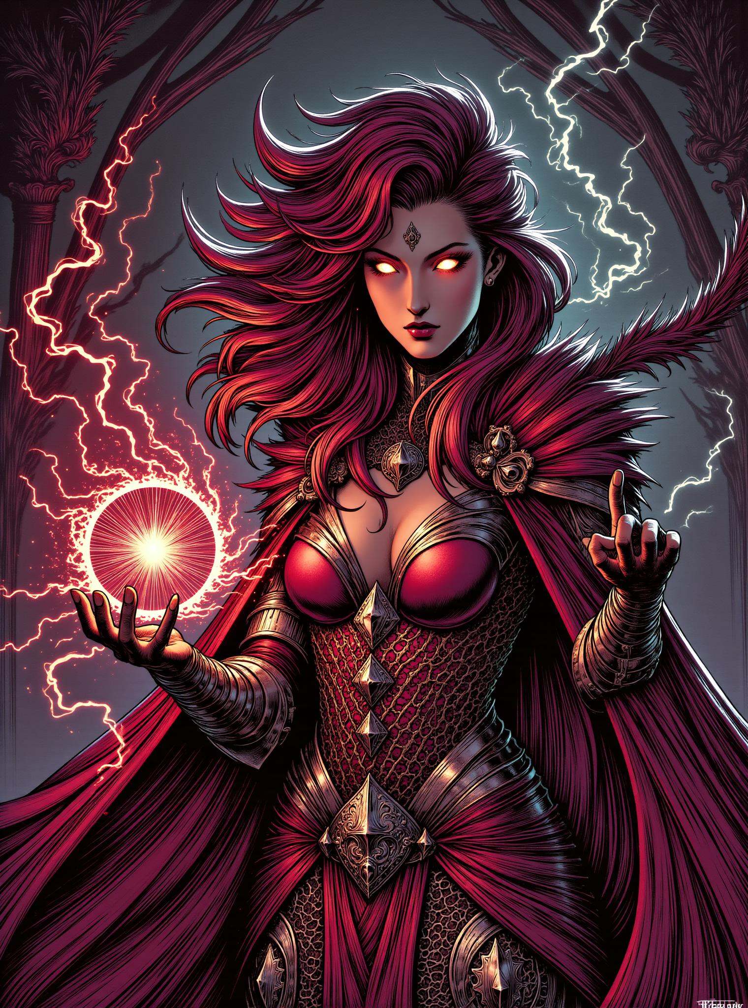 donmc0m1cm4g1cfx magic, female crusader  Weaving glamour shaped like Shimmer of maroon hydro lightning and plant growth manipulation