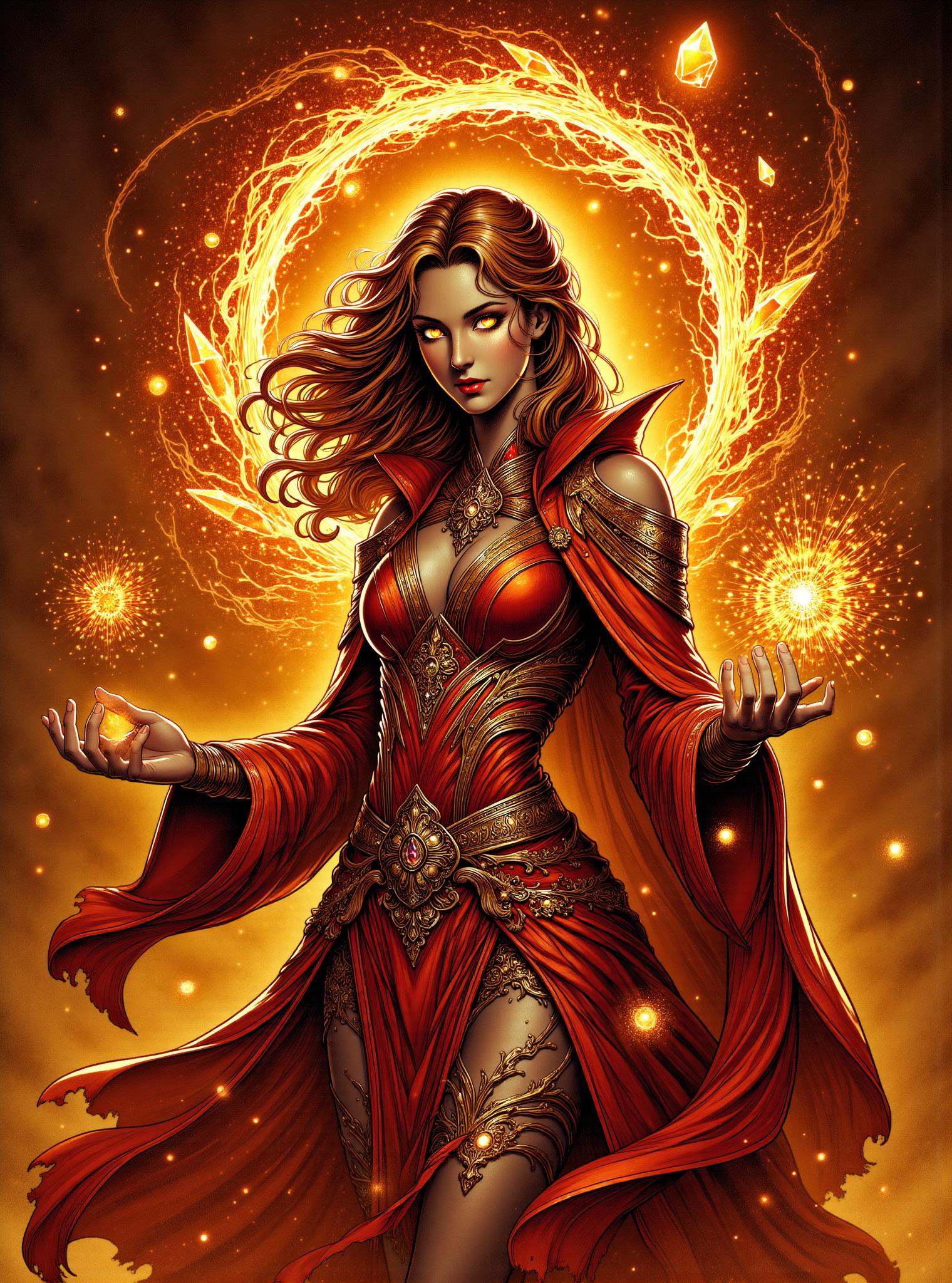 donmc0m1cm4g1cfx magic, female warden  Crafting spells of sorcery shaped like Halo of orange tempest crystal and terrakinesis
