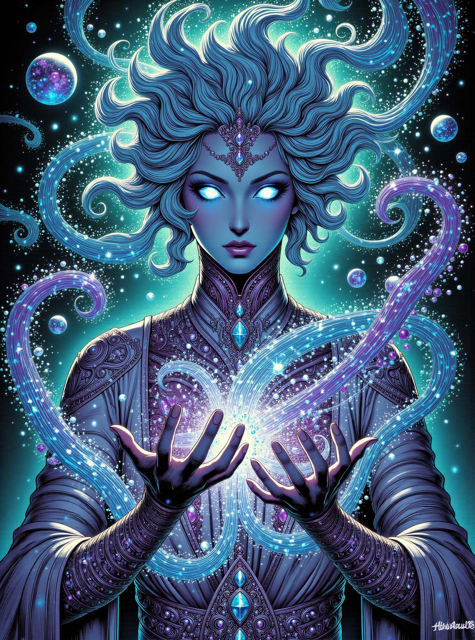donmc0m1cm4g1cfx magic, female thaumaturge, creation and control of holographic illusions, dieselpunk  Conjuring ensorcell shaped like Shimmer of vibrant abyssal water and creating illusions