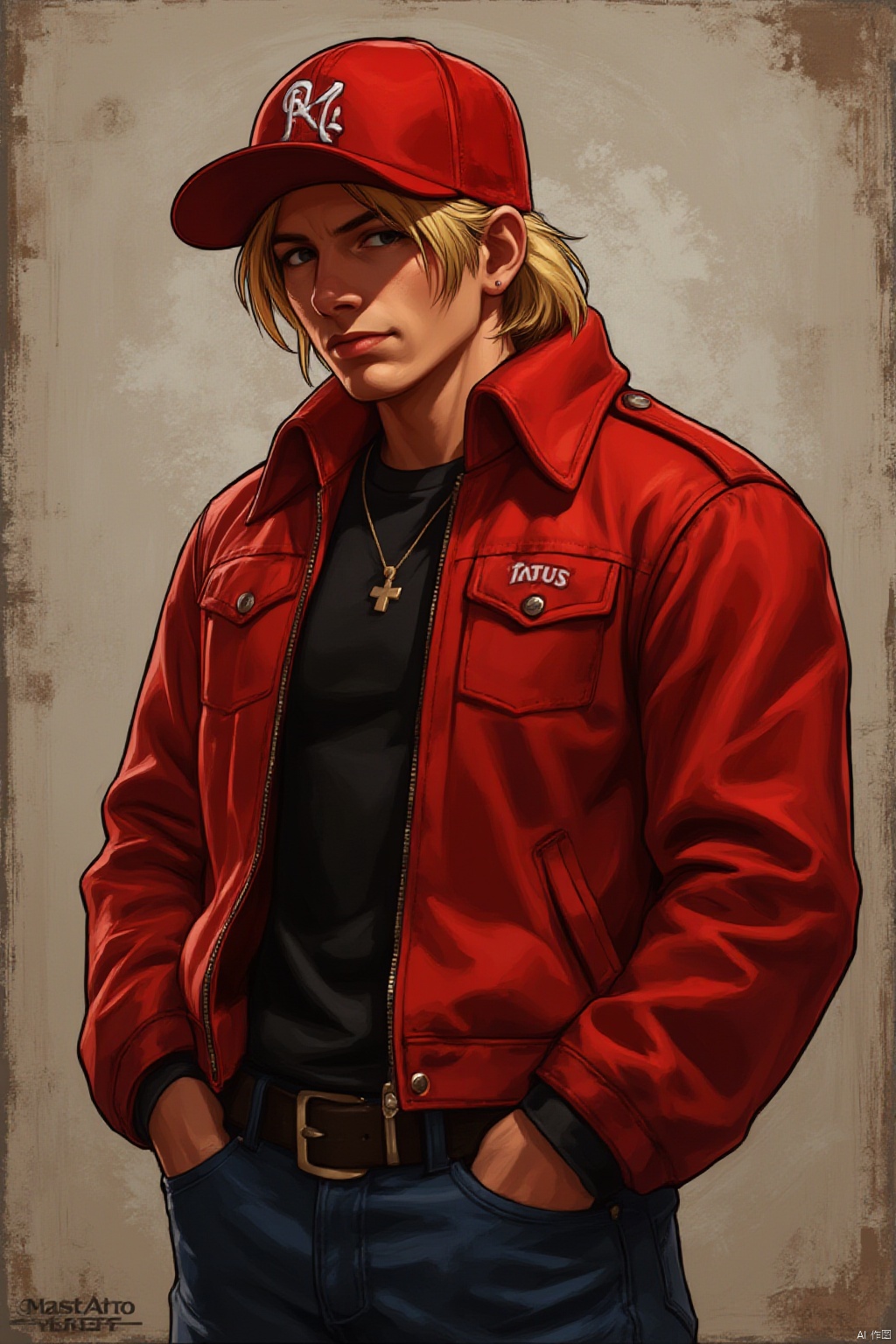 terry bogard, wearing red hat, 18 years old