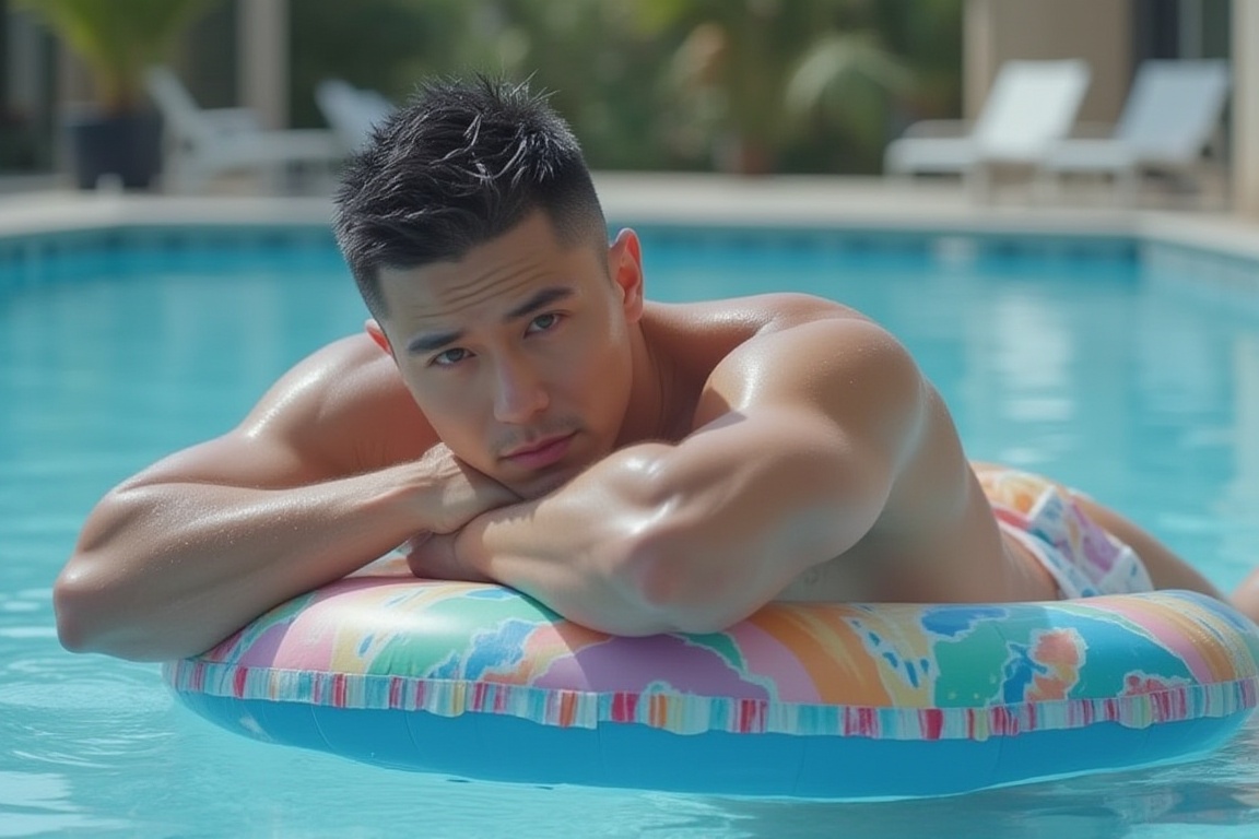 A full-body muscular man with a handsome face and tan skin,  sporting short black hair and a clean-shaven face,  undercut...