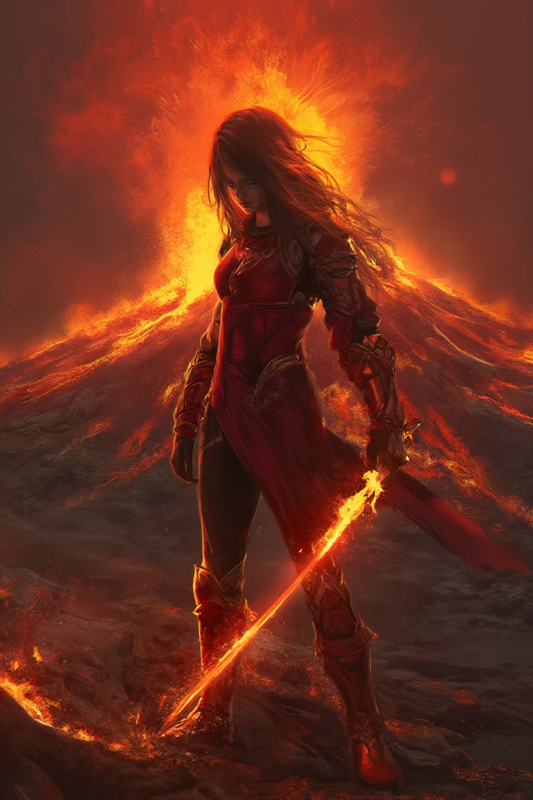 A woman clad in red armor holds a glowing sword against the backdrop of an erupting volcano,  molten lava flowing behind h...