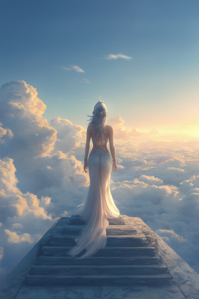 An ethereal woman stands on the steps of a floating temple,  overlooking an endless expanse of sky and clouds in a majesti...