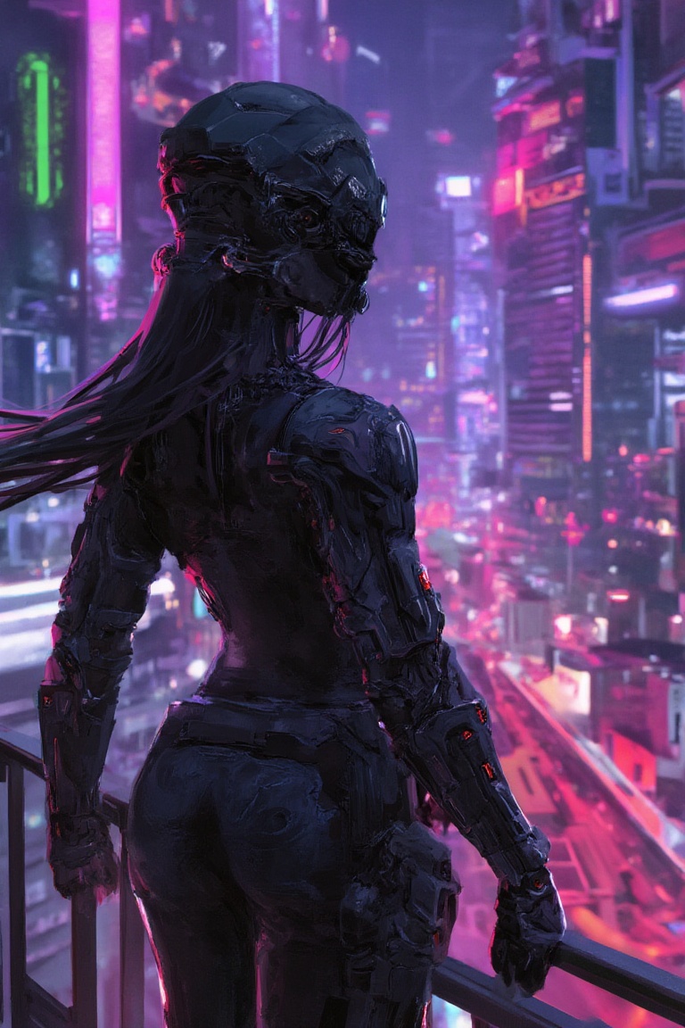 A futuristic woman in sleek armor surveys a glowing metropolis from a neon-lit balcony,  captured in a bold and intense di...