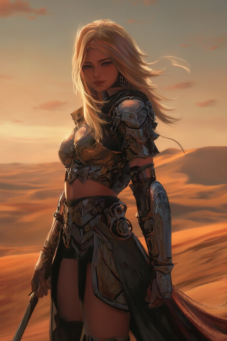 A warrior woman stands tall in the desert,  the setting sun casting shadows over her armor as the dunes stretch into the h...