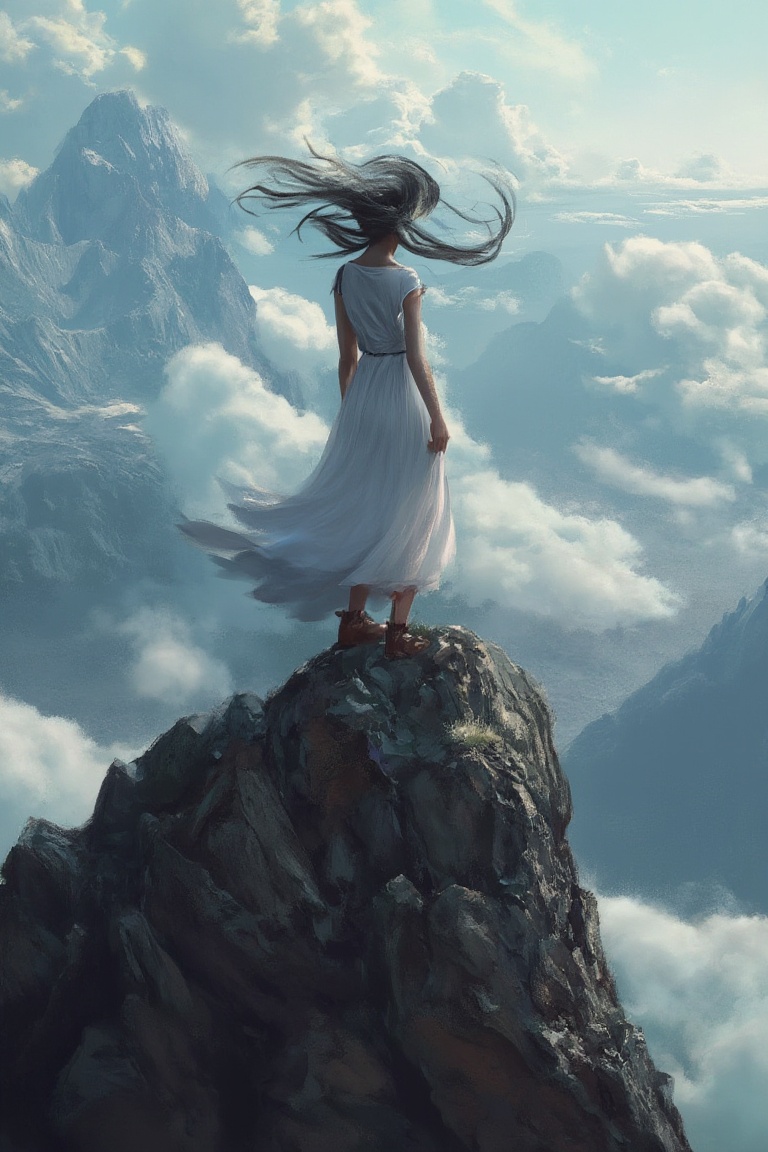 A woman stands atop a jagged mountain peak,  her windswept hair blending into the clouds as she gazes over a sprawling val...