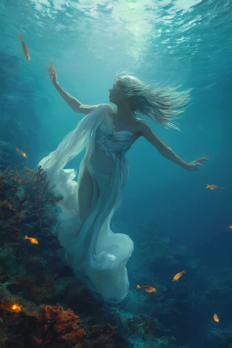 A serene underwater woman swims gracefully among vibrant coral and glowing fish,  light filtering through the waves above...