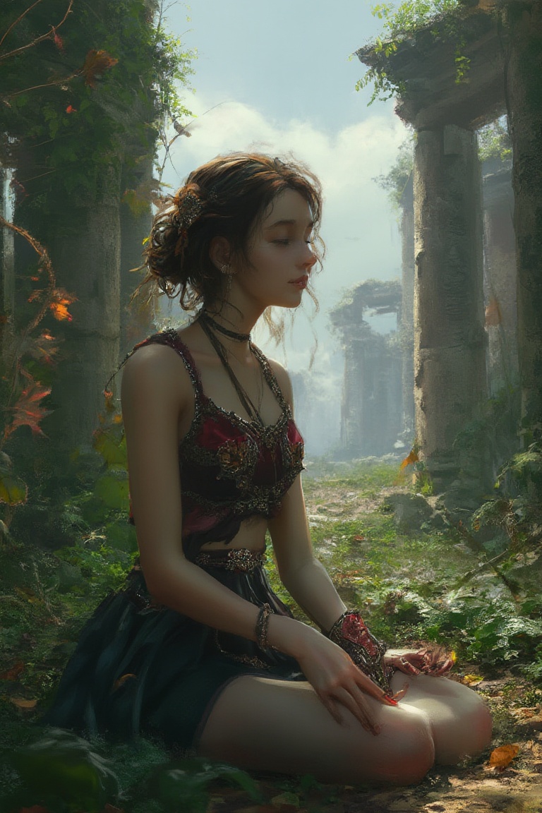 In the ruins of an ancient civilization,  a calm woman meditates,  surrounded by overgrown vines and crumbling pillars in...