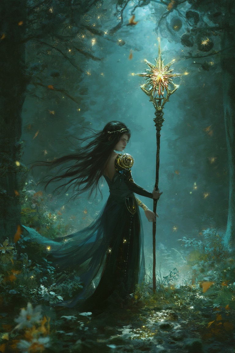 In an enchanted forest,  a woman holds a glowing staff,  surrounded by shimmering stars in an ethereal digital_painting of...