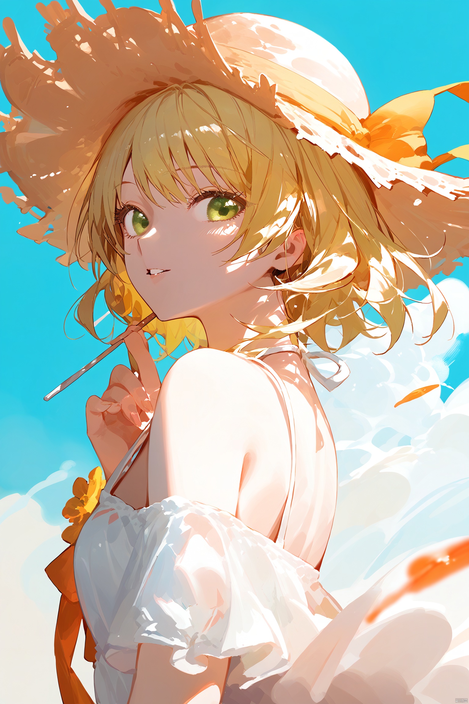 score_9, score_8_up, score_7_up, score_6_up,a picture of a colorful painting of a beautiful woman with green eyes, miyamoto frederica, 1girl, solo, blonde hair, green eyes, hat, looking at viewer, straw hat, short hair, parted lips