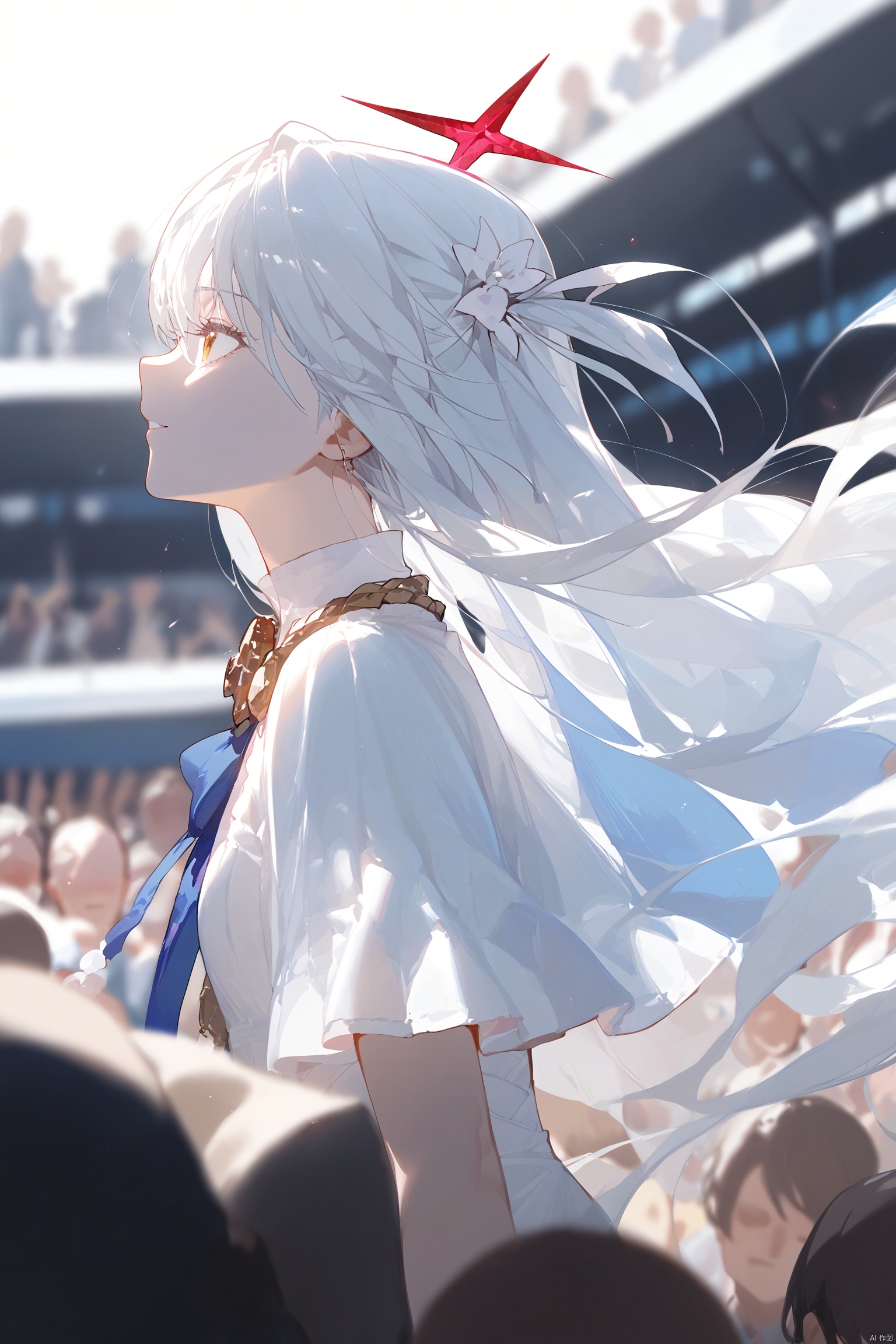 score_9, score_8_up, score_7_up, score_6_up, a close up of a young woman with long white hair in a crowd, 1girl, solo, long hair, bangseasynegative, ng_deepnegative_v1_75t, Expressiveh