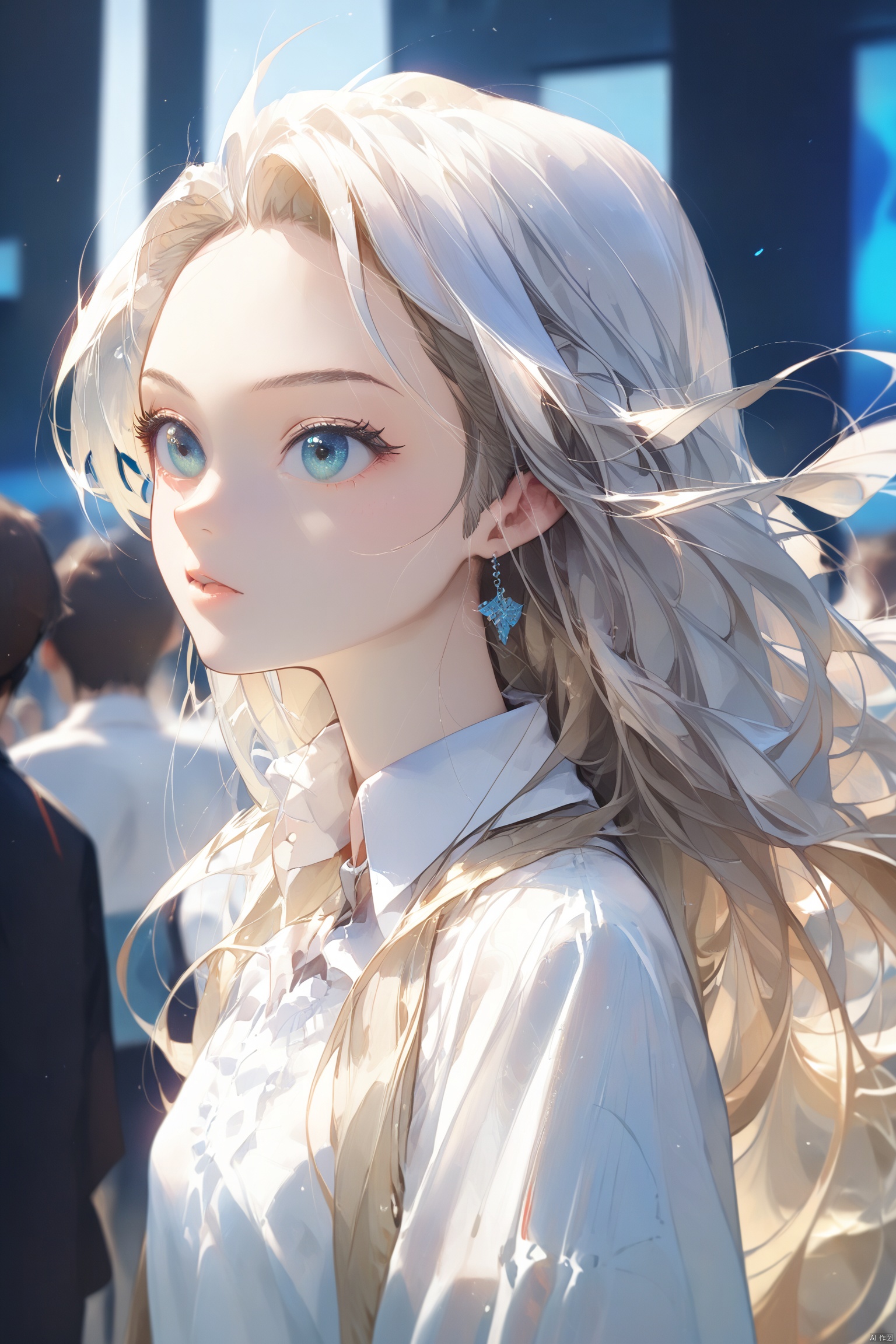 score_9, score_8_up, score_7_up, score_6_up, a close up of a young woman with long white hair in a crowd, 1girl, solo, long hair, bangseasynegative, ng_deepnegative_v1_75t, Expressiveh