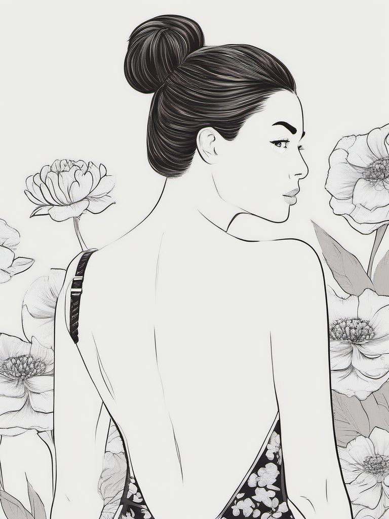 1NK ,  ,  black and white illustration of a young woman in a swimsuit. She is standing with her back to the viewer on Tens...