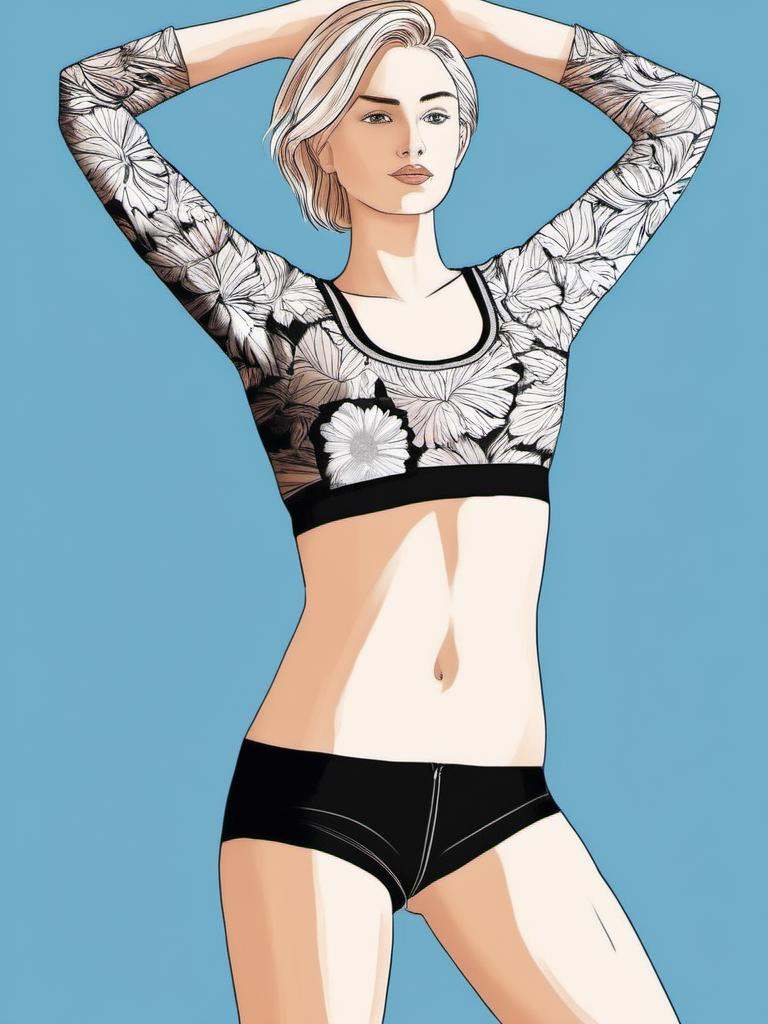 1NK ,  ,  The image a black and white illustration of a young woman in a sports bra and shorts. She is standing with her a...