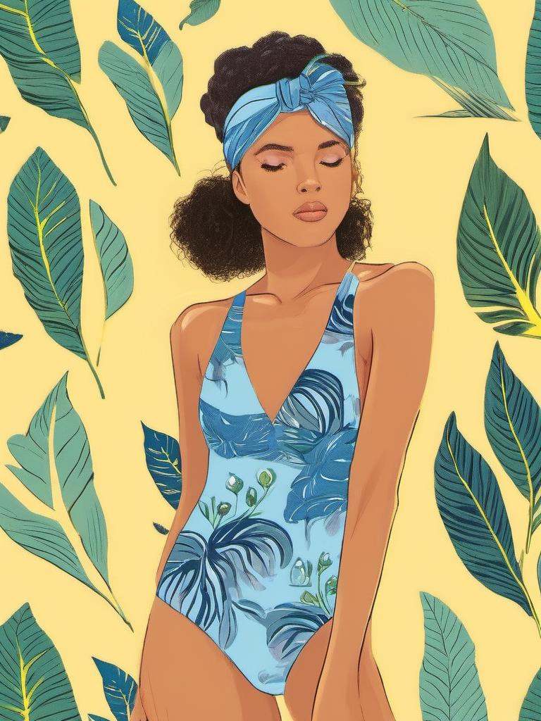 1NK ,  ,  The illustration shows shows a young woman in a blue one-piece swimsuit with a floral pattern. She is standing i...