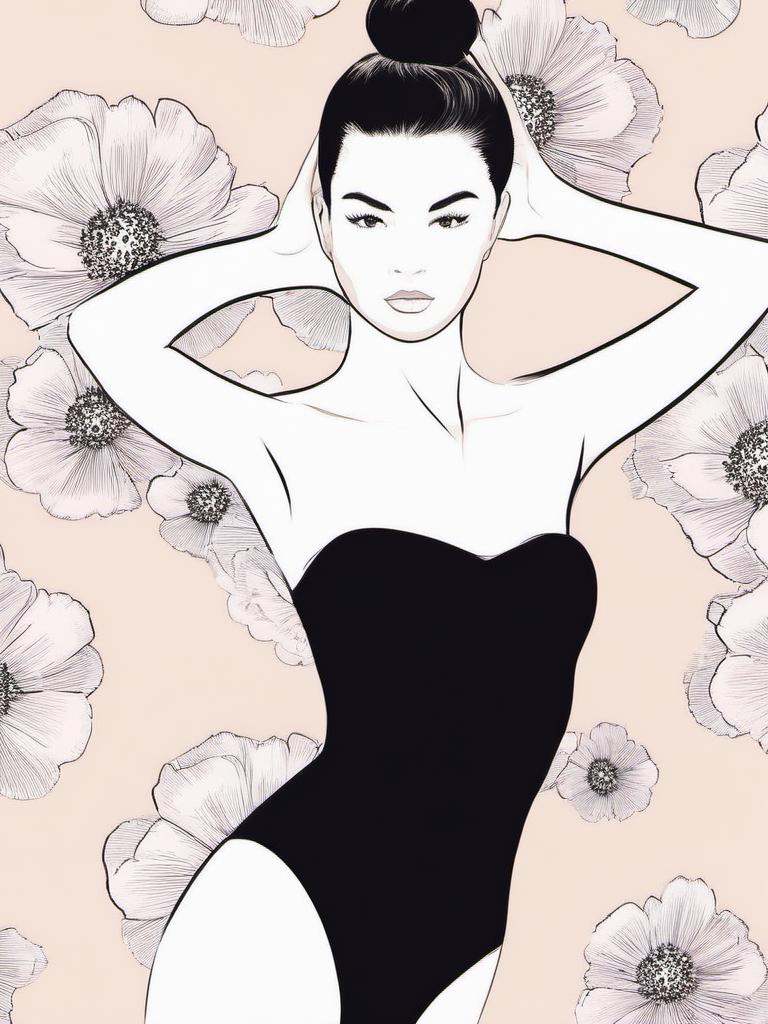 1NK ,  ,  The image are a black and white illustration of a young woman in a strapless bodysuit. She is standing with her...