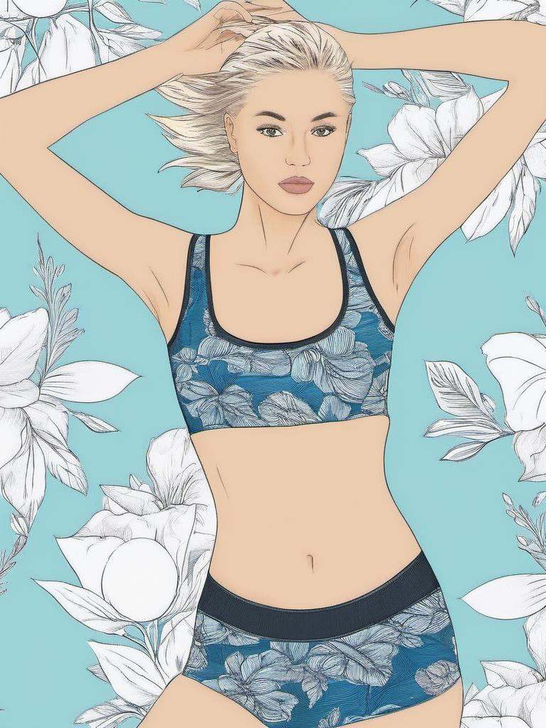 1NK ,  ,  The image a black and white illustration of a young woman in a sports bra and shorts. She is standing with her a...
