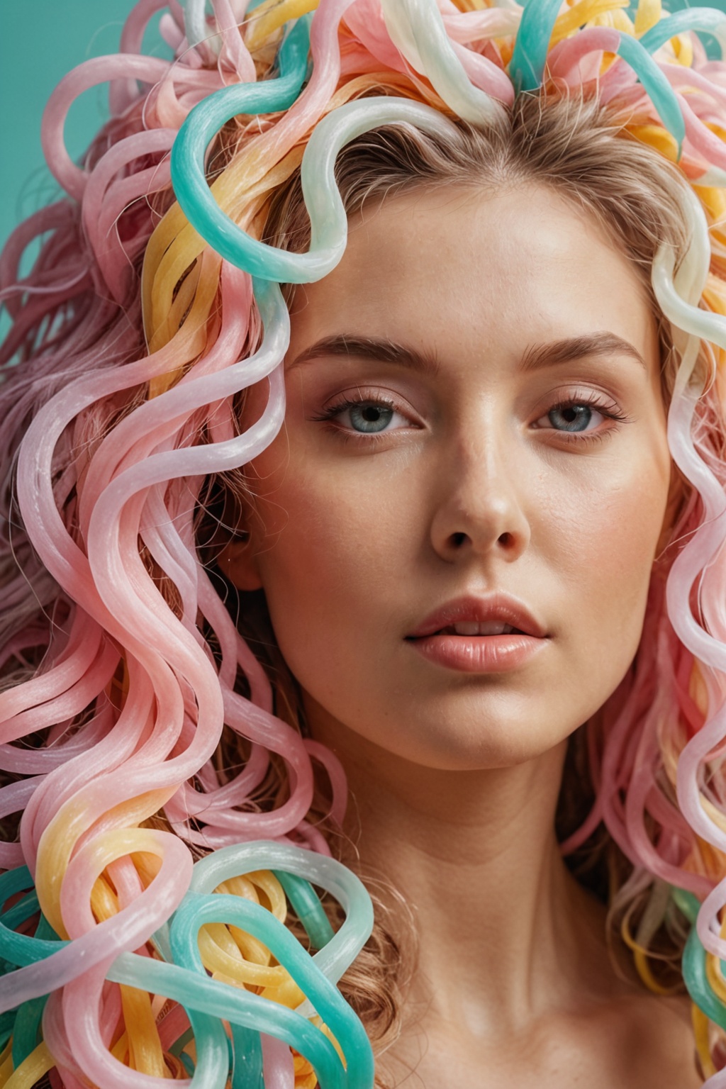 Portrait of a woman,  with lush hair with voluminous shapes made of plastic noodles,  surreal style on Tensor.Art