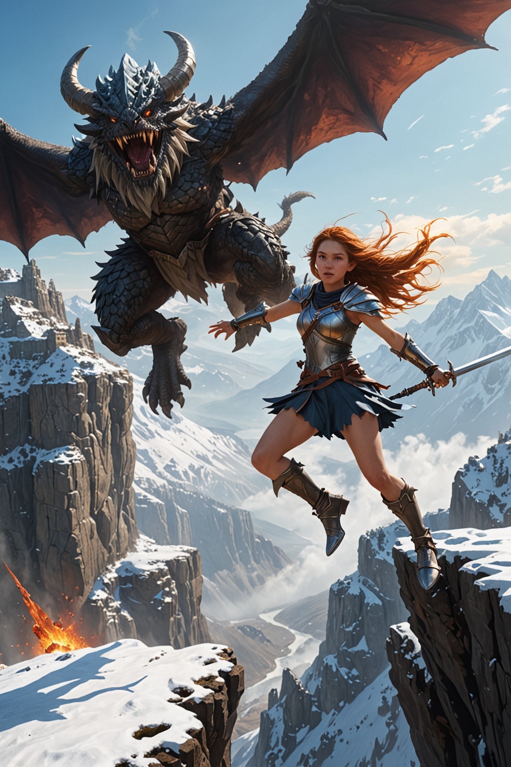 A warrior girl in armor jumps from a cliff onto a monster,  a monster at the foot of a cliff,  an ice golem monster does n...