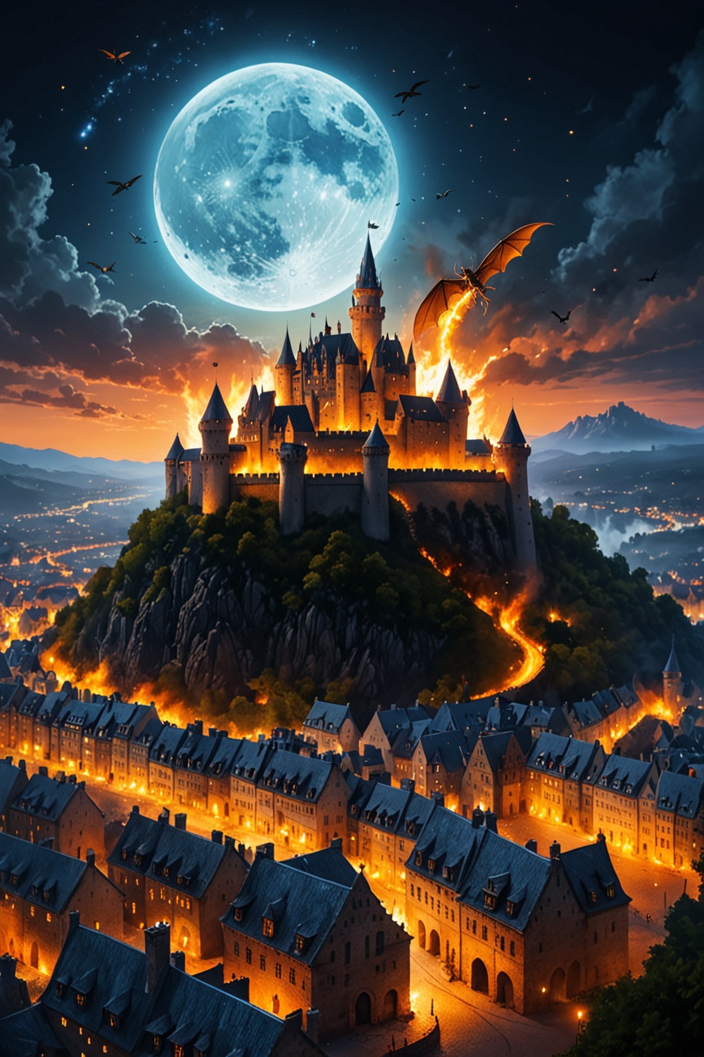 A large medieval fantasy city,  night,  the moon is shining brightly on Tensor.Art