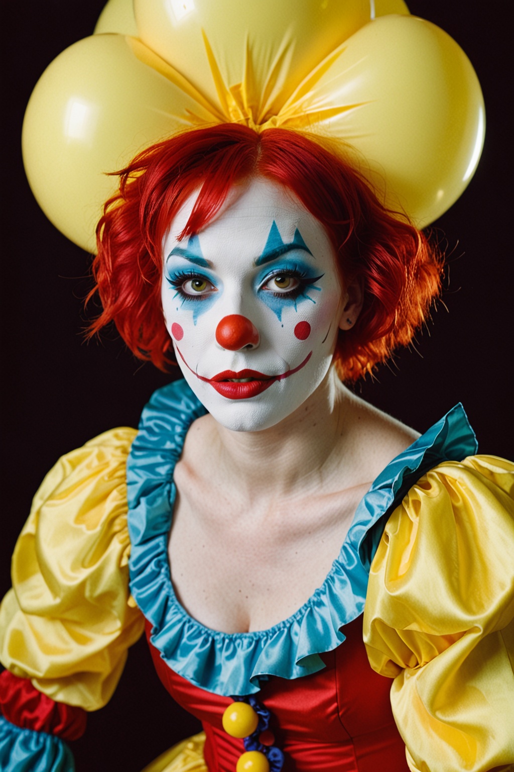 (disposable photography) a woman dressed as a clown with red hair,  in the style of magical girl,  colorful moebius on Ten...