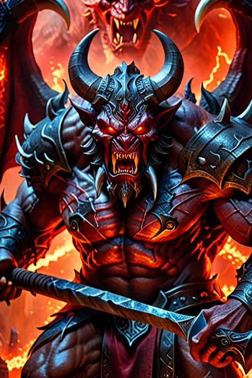 highly detailed and hyper realistic,  a panoramic close up shot of a horrifying colossal ancient demon with highly detaile...