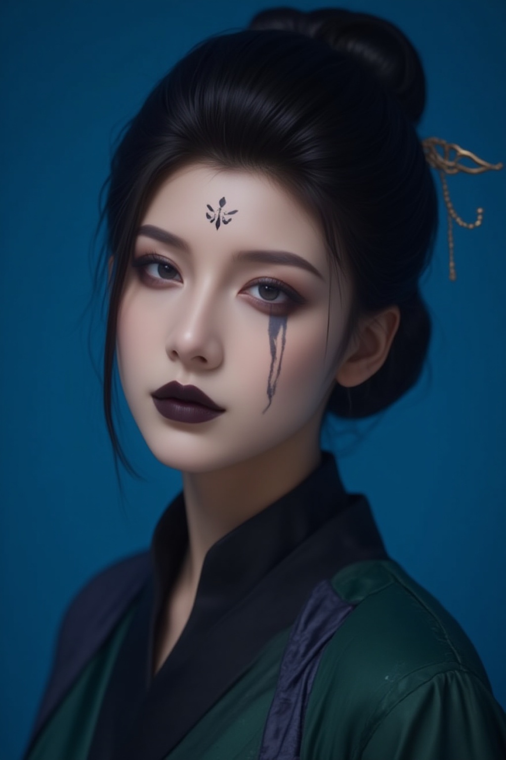 Portrait style image featuring a woman with fair skin and striking facial features. She has dark,  expressive eyes accentu...