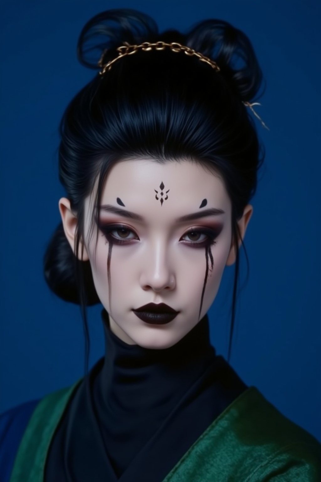 Portrait style image featuring a woman with fair skin and striking facial features. She has dark,  expressive eyes accentu...