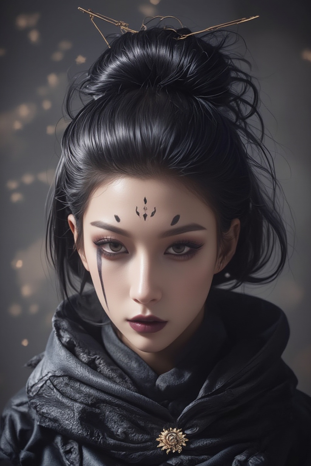 Portrait-style image featuring a person with a striking and elaborate appearance. The subject has a pale skin tone and sha...