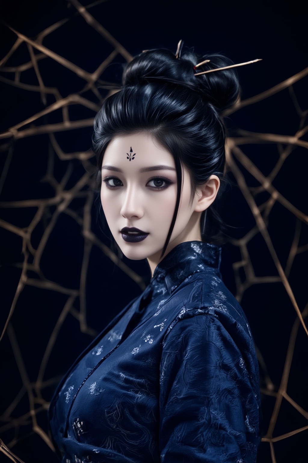 Highly stylized and artistic portrait of a person dressed in traditional Chinese clothing. The subject is wearing traditio...